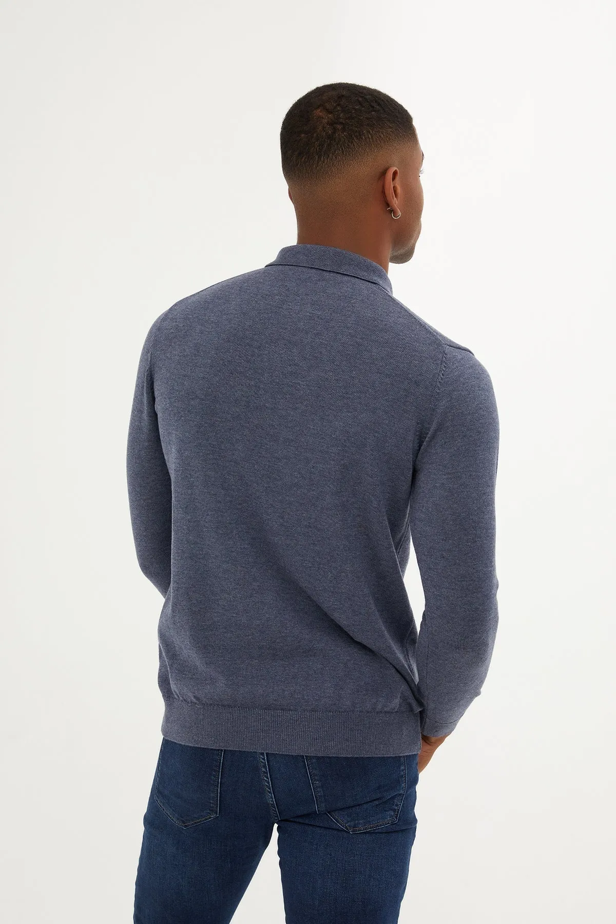 Regular Fit Cotton Blend Blue Polo Sweater