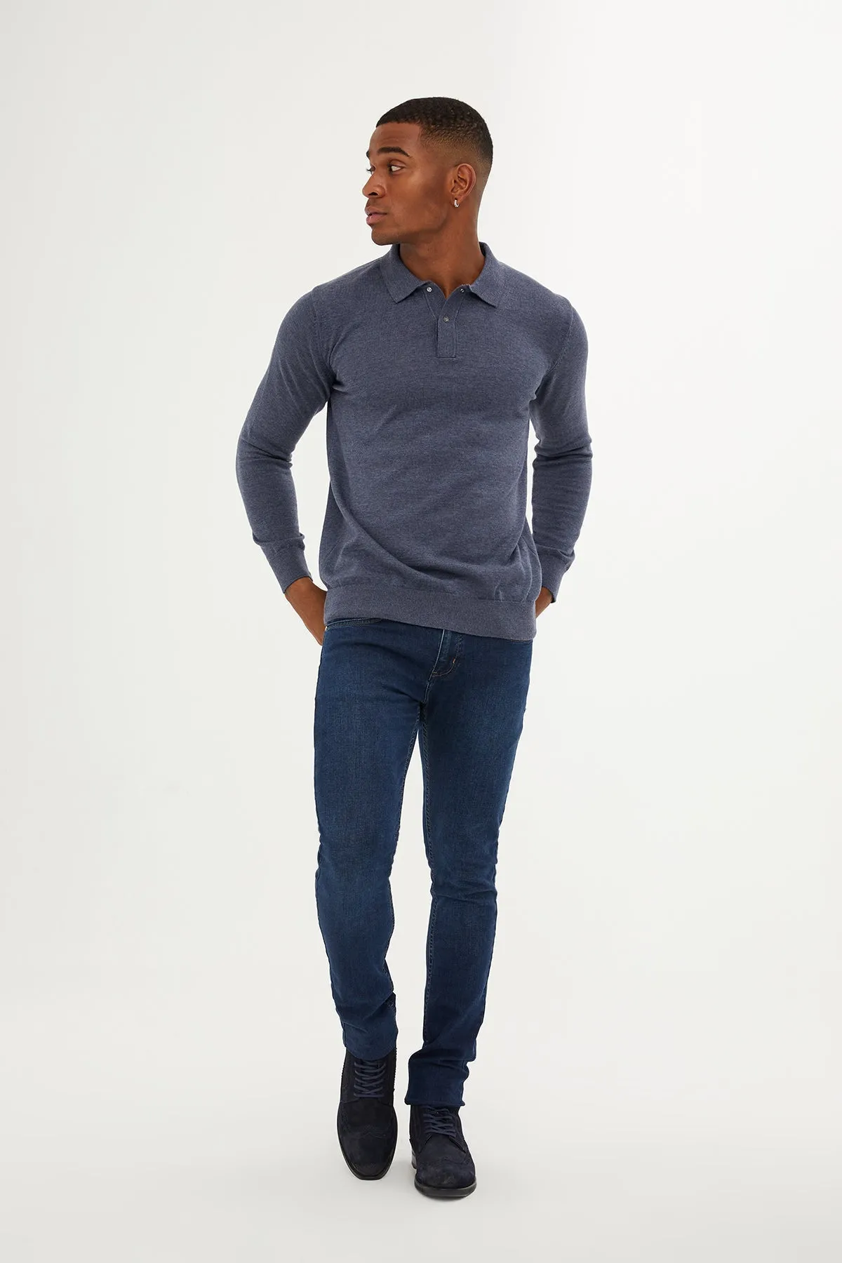 Regular Fit Cotton Blend Blue Polo Sweater