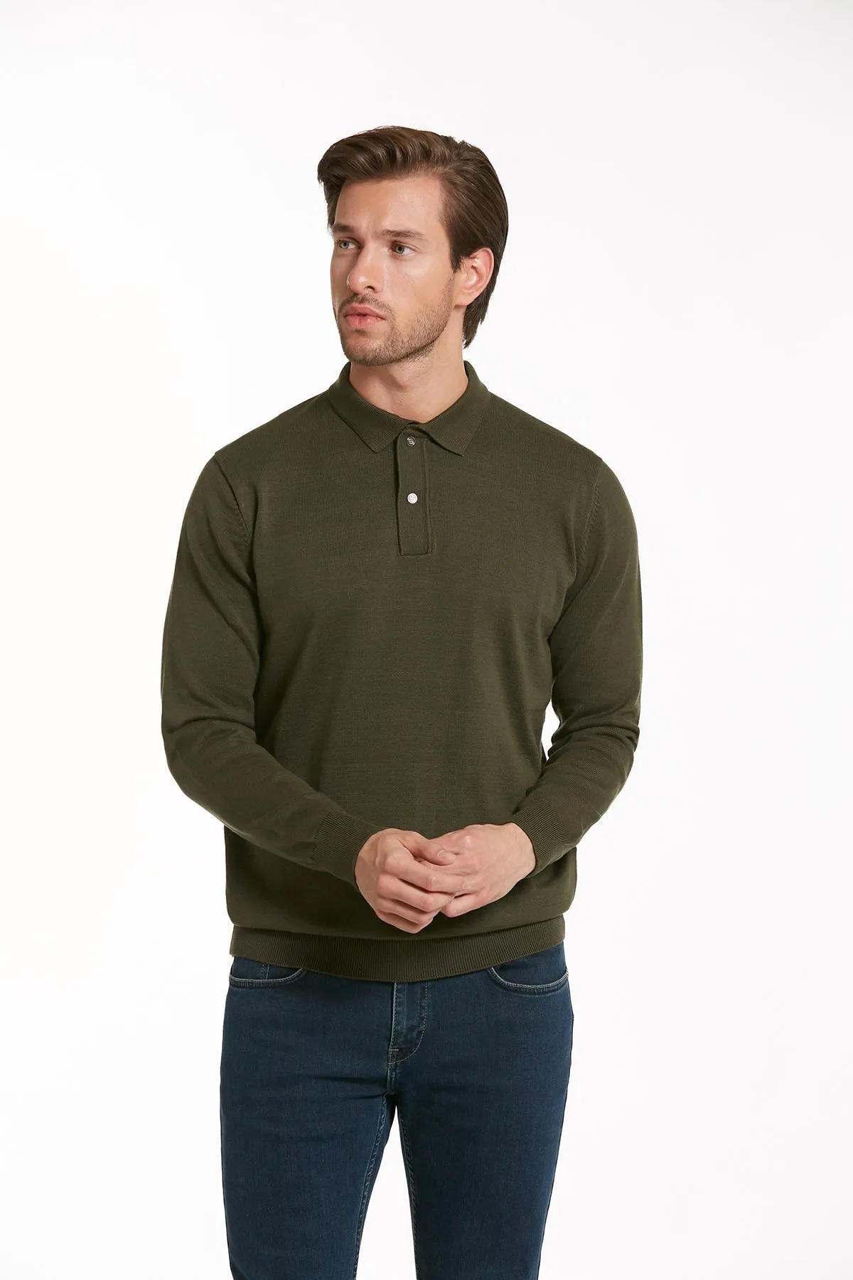 Regular Fit Cotton Blend Green Polo Sweater