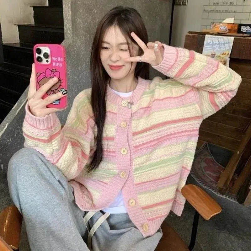 Rimocy Sweet Mixed Color Round Neck Cardiagns Women Korean Single Breasted Knitted Cardigan Woman Chic Long Sleeve Knitwear