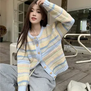 Rimocy Sweet Mixed Color Round Neck Cardiagns Women Korean Single Breasted Knitted Cardigan Woman Chic Long Sleeve Knitwear