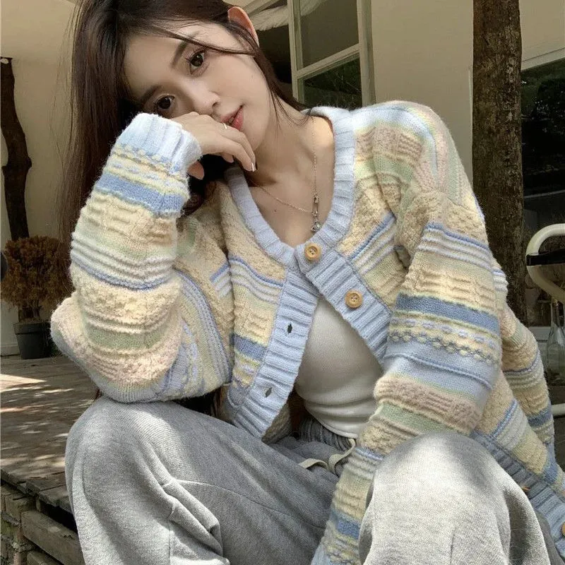 Rimocy Sweet Mixed Color Round Neck Cardiagns Women Korean Single Breasted Knitted Cardigan Woman Chic Long Sleeve Knitwear