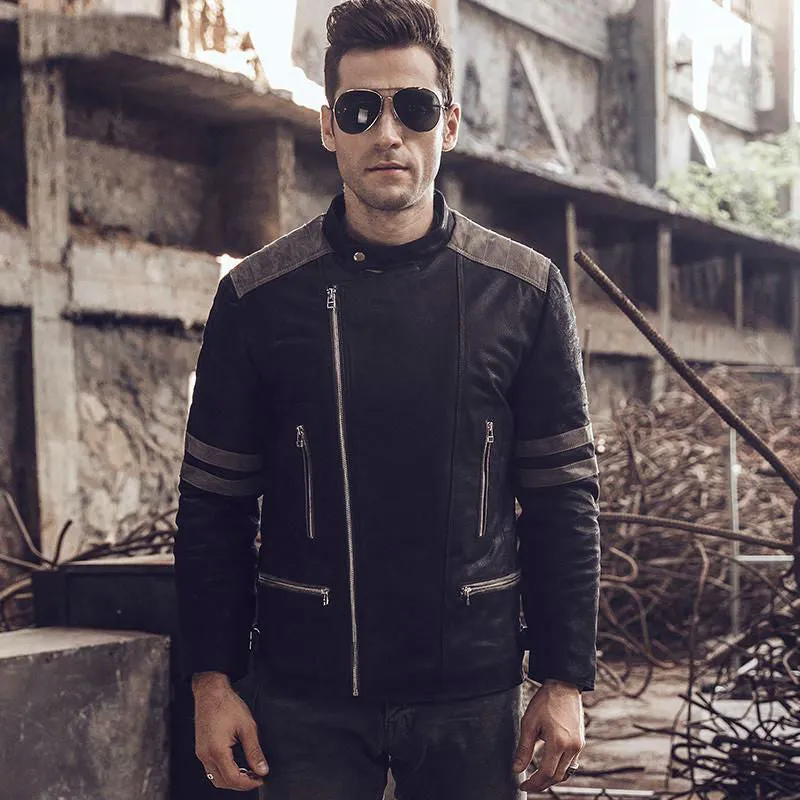 Rocker Biker Style Men Genuine Leather Jacket with Shoulder Patchwork Details