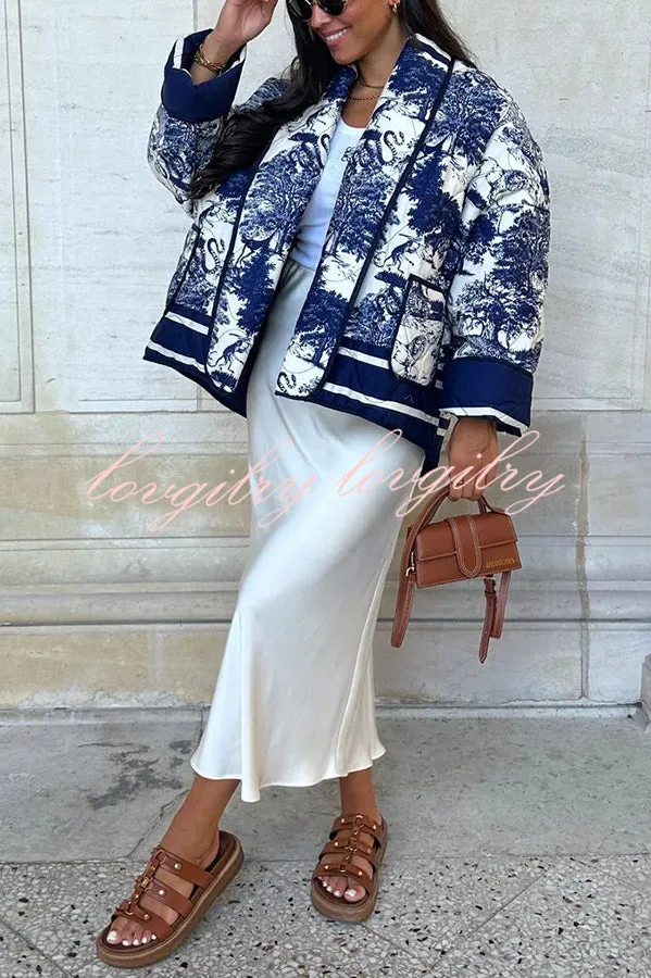 Romantic Songs Porcelain Ink Printed Pocket Quilted Cotton Kimono Jacket