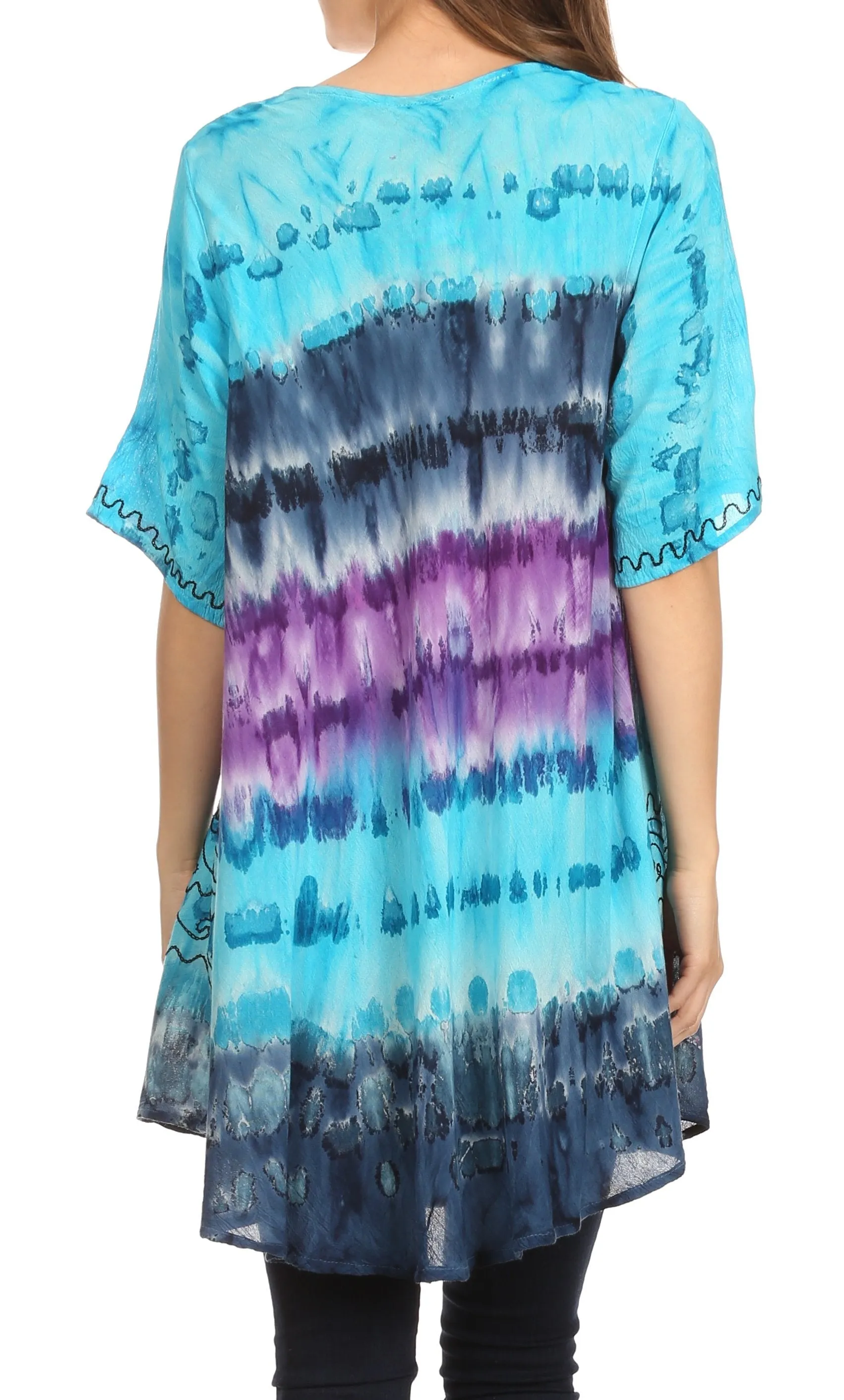 Sakkas Adela Batik Embroidered Tie Dye Sleevess Relaxed Fit Rayon Blouse / Top