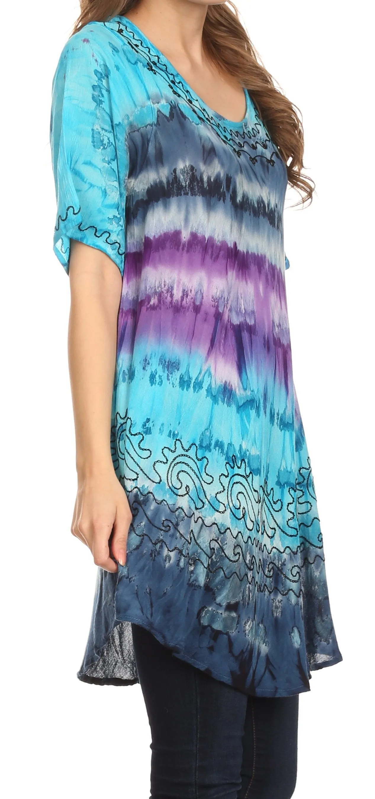 Sakkas Adela Batik Embroidered Tie Dye Sleevess Relaxed Fit Rayon Blouse / Top