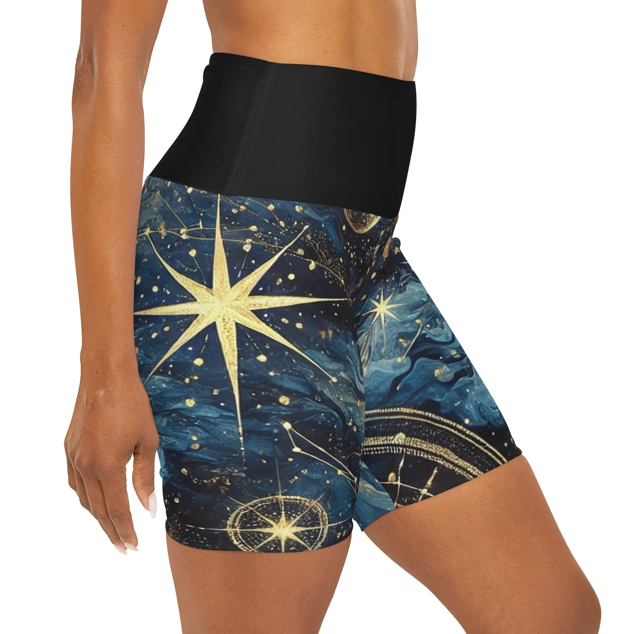 Spaced Out: High-Waisted Constellation Yoga Shorts (AOP)