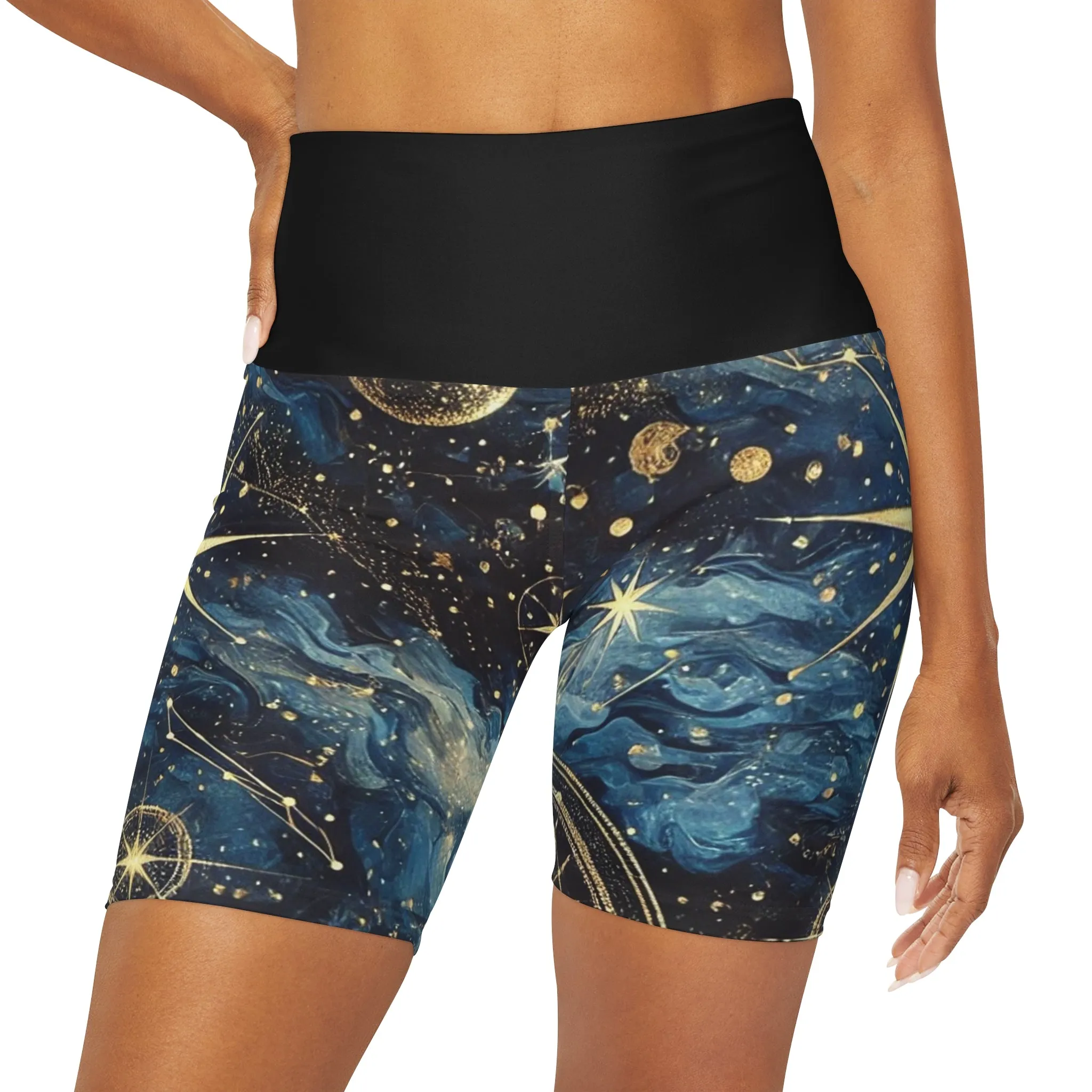 Spaced Out: High-Waisted Constellation Yoga Shorts (AOP)