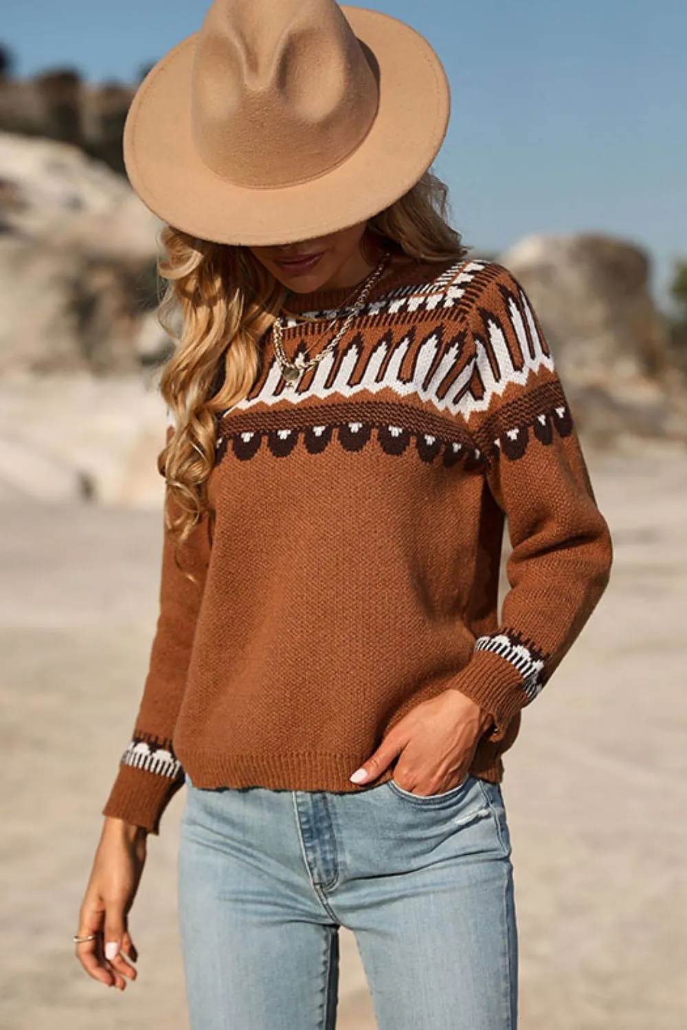 Sweet and Casual Patterned Round Neck Sweater