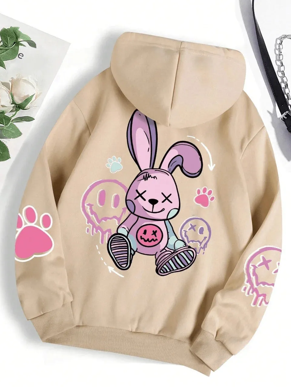 SXV  'bunny paw & smile’ Printed Cool Aesthetic Sweatshirt Hoodie