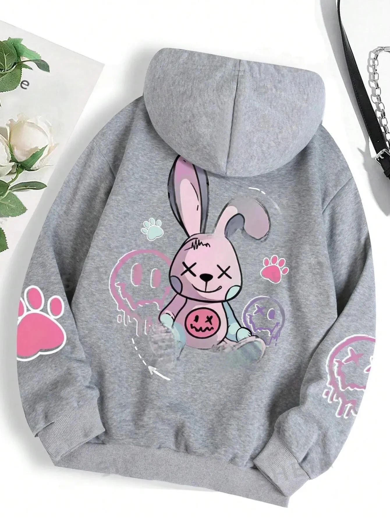 SXV  'bunny paw & smile’ Printed Cool Aesthetic Sweatshirt Hoodie