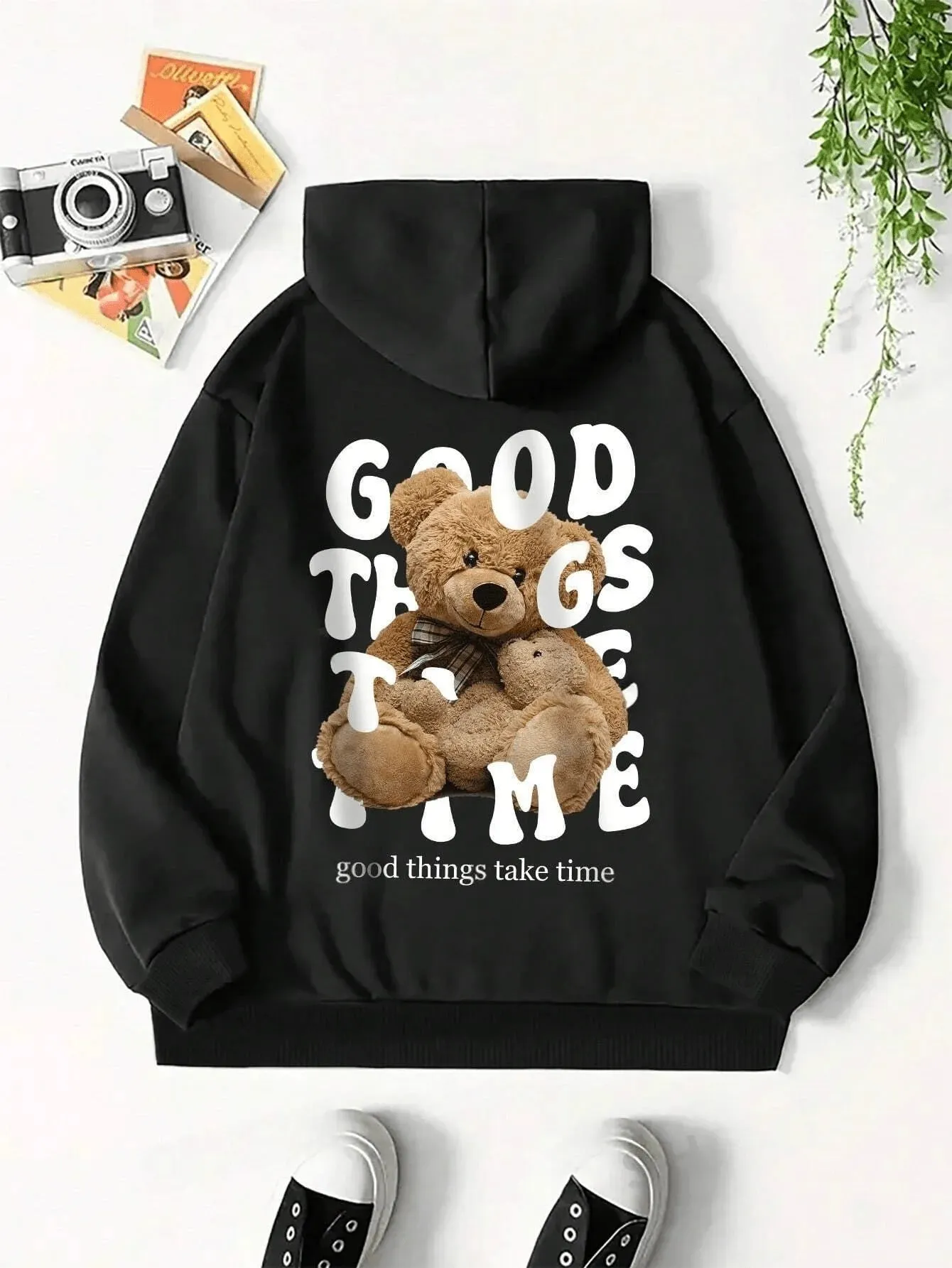 SXV  'GOOD THINGS TAKE TIME bear’ Printed Cool Aesthetic Sweatshirt Hoodie