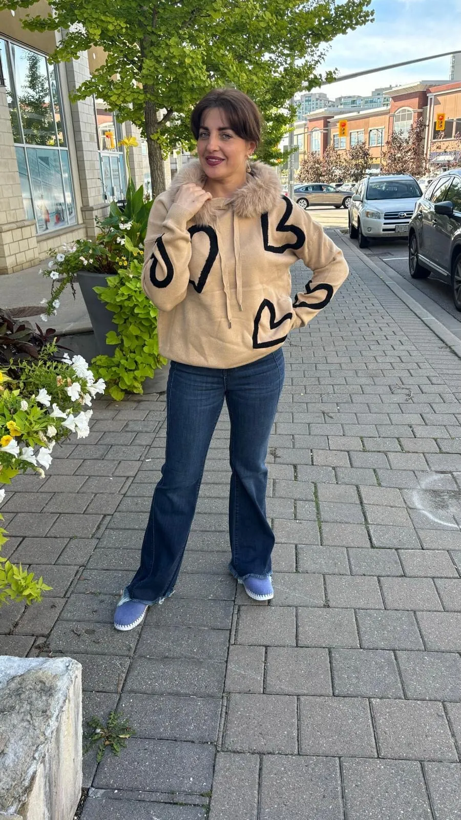 TAN HEART SWEATER WITH FUR LINED HOODY AND DRAWSTRING NECK