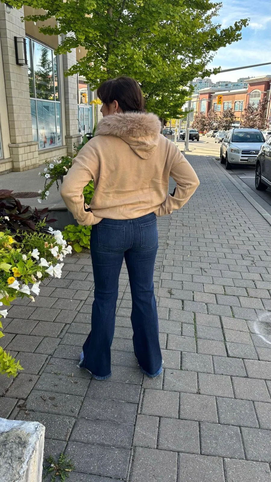 TAN HEART SWEATER WITH FUR LINED HOODY AND DRAWSTRING NECK