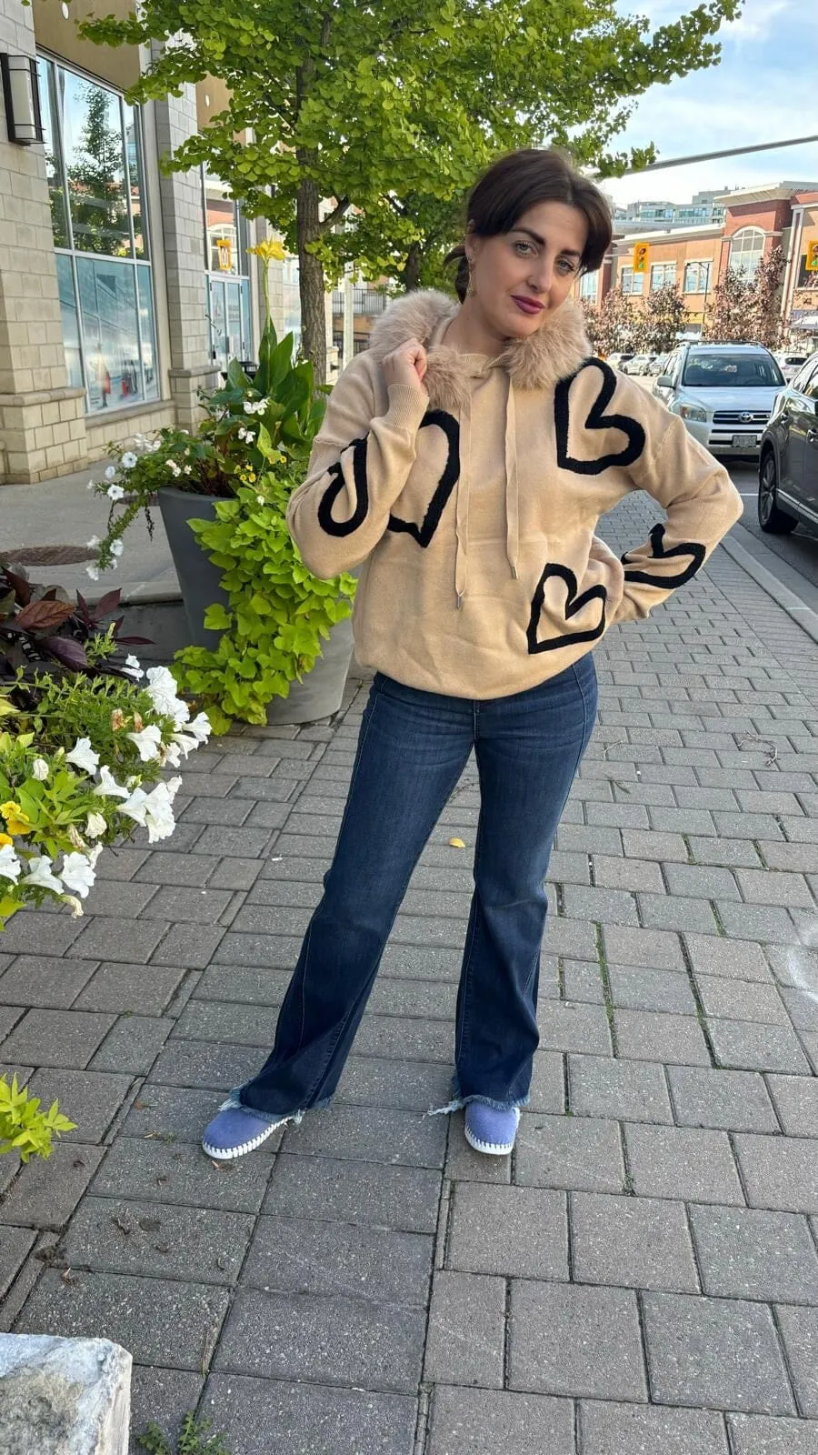 TAN HEART SWEATER WITH FUR LINED HOODY AND DRAWSTRING NECK