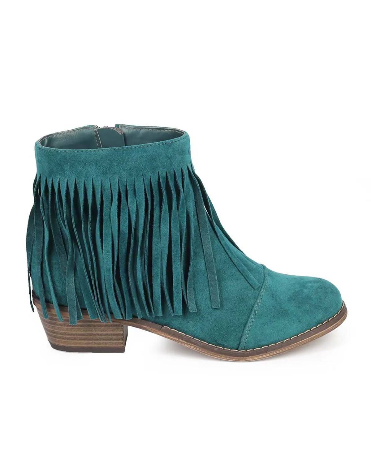 Teal Fringe Round Toe Cowgirl Vegan Suede Ankle Women's Boots