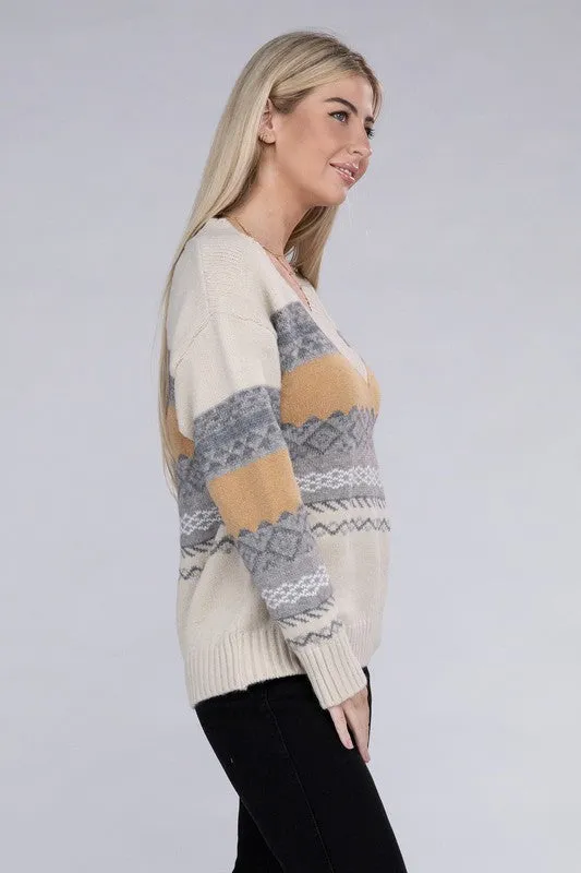 TEEK - Beige Multicolor Stripe V Neck Sweater