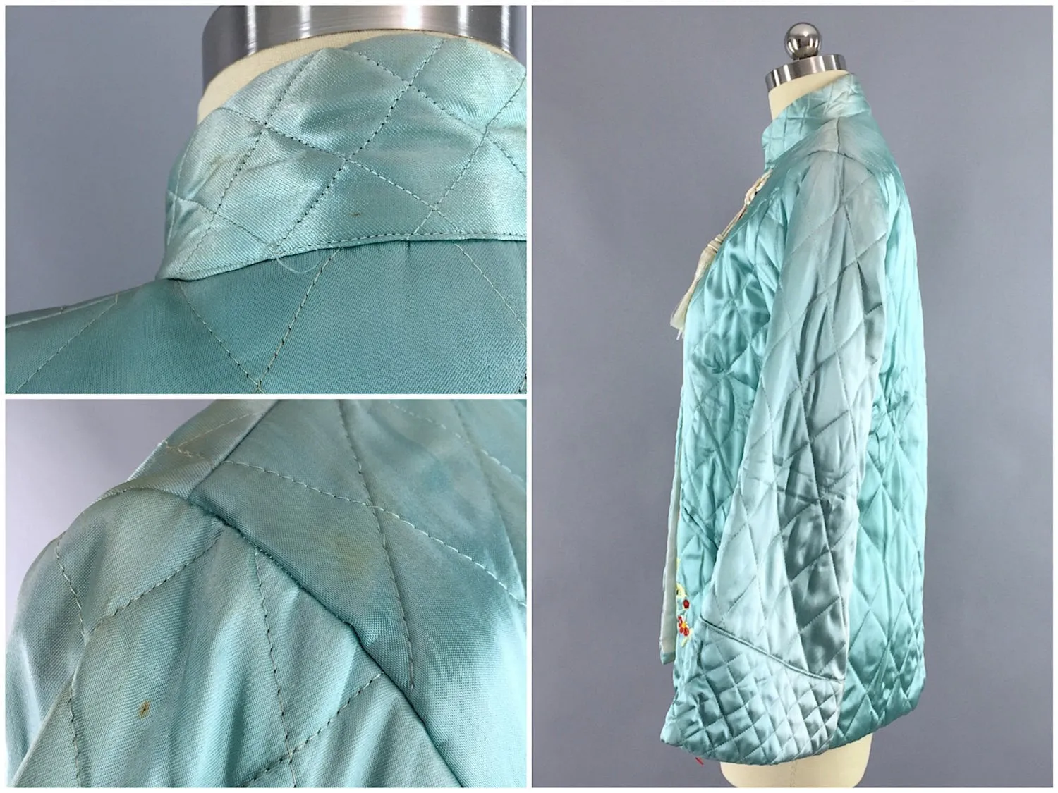 Vintage 1960s Jacket / Blue Satin Quilted Coat