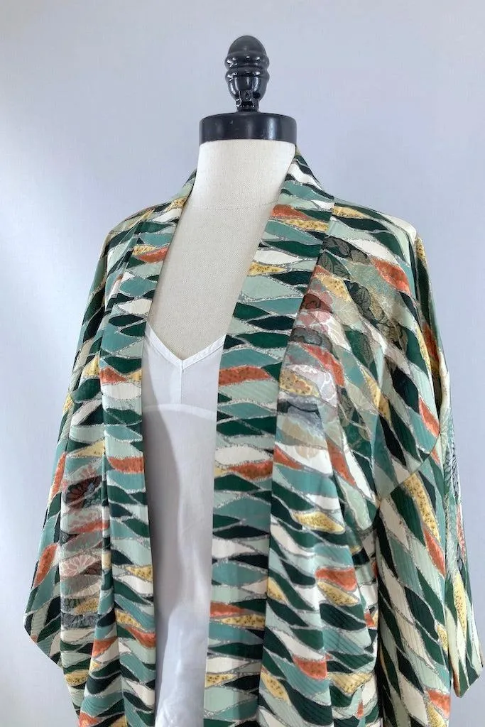 Vintage Green Abstract Silk Kimono Cardigan