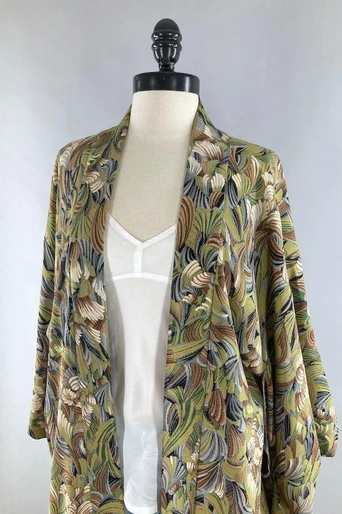 Vintage Green Leaves Silk Kimono Cardigan