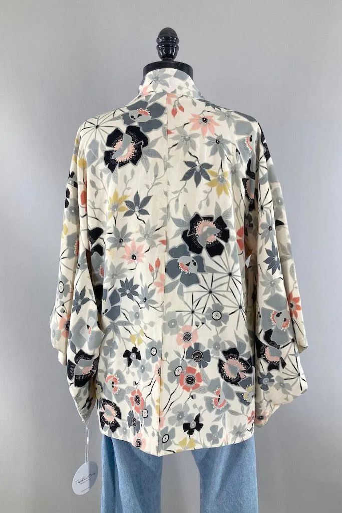 Vintage Ivory Floral Silk Kimono Jacket