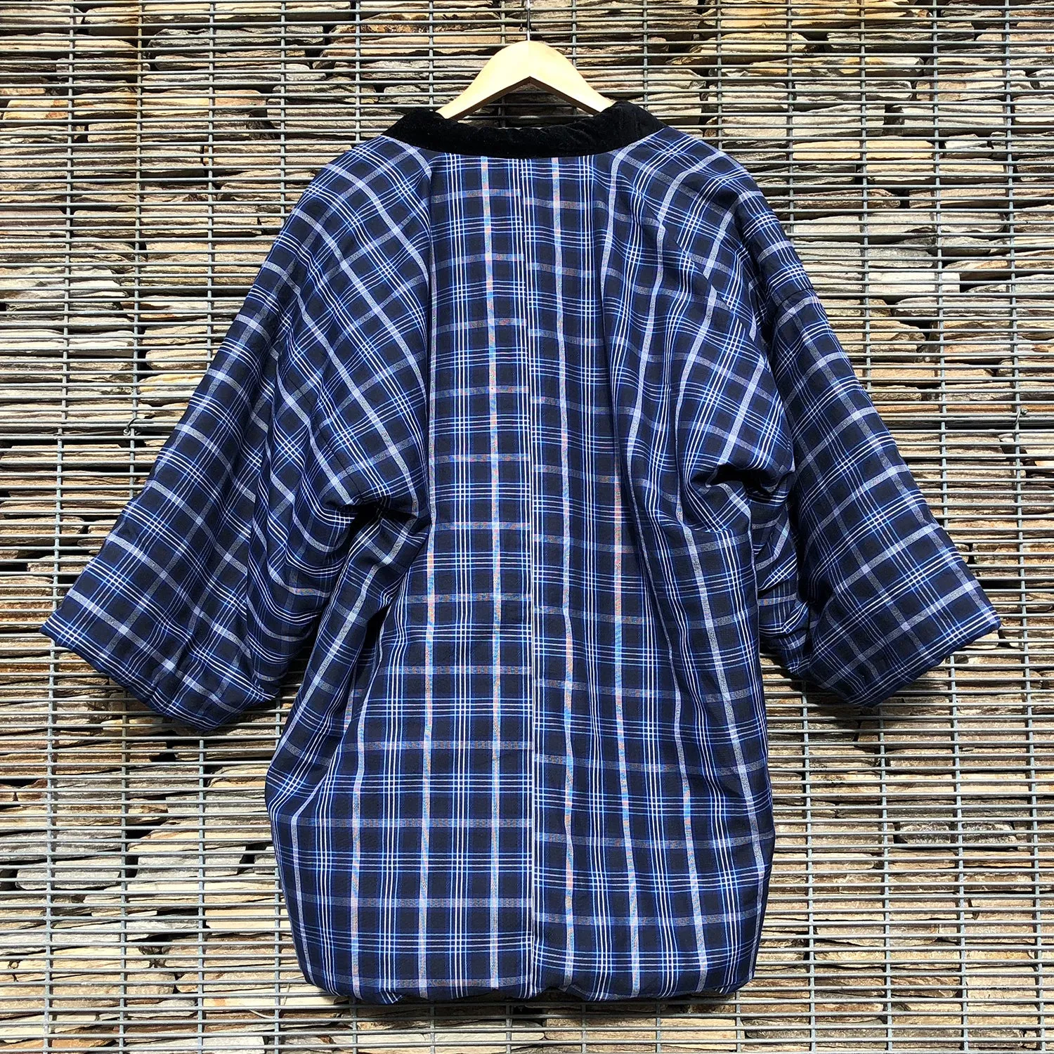 Vintage Kimono Hanten Blue Plaid Check Padded Quilted Kimono Jacket