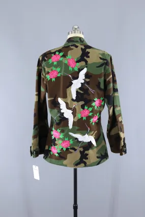 Vintage US Army Embroidered Camo Jacket / Flying Asian Cranes Birds Peony Floral Embroidery