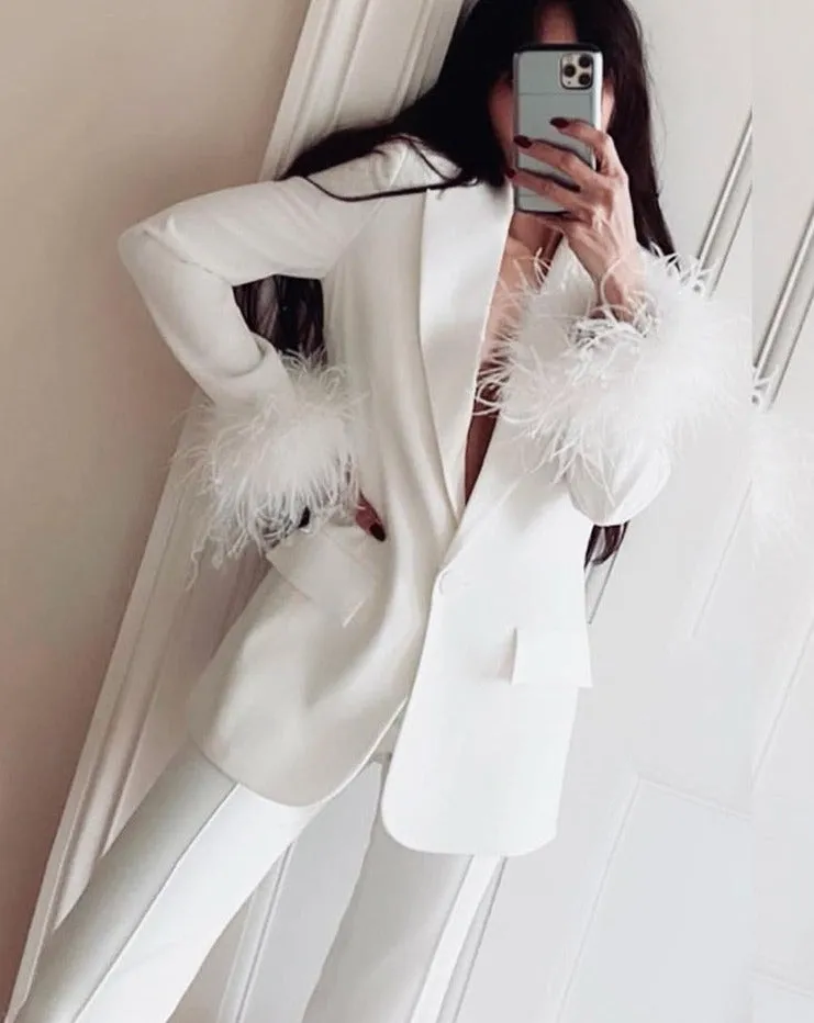 Wenkouban Women Pants Suits Vintage Office Ostrich Feather Fur Top Blazer Jackets Party Formal Coat  Staight Trousers 2 Piece Sets