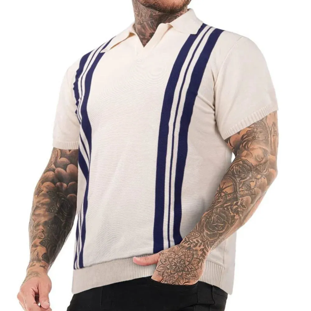 Wiaofellas  -  Mens Short Sleeve Golf Polo Shirt Color Block Lapel Collar Knit T-Shirts Striped Sweater Short Sleeve Slim Fit Casual Polo Shirt