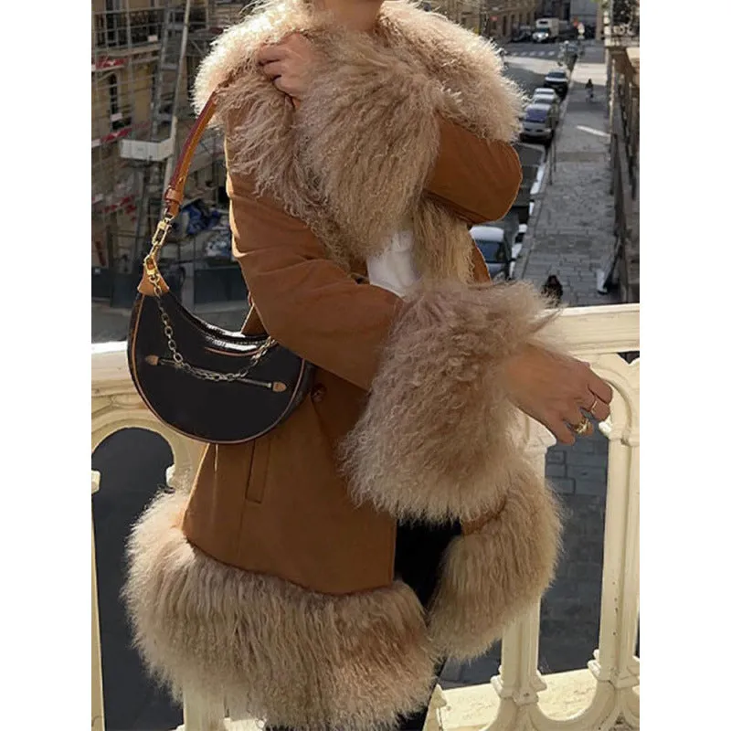 Wjczt 2000s fashion Fashion Stitching Fur Coat 2024 Fashion Winter Women's Button Warm Coat