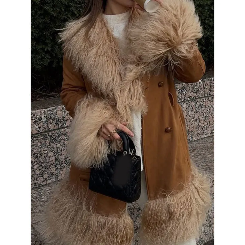 Wjczt 2000s fashion Fashion Stitching Fur Coat 2024 Fashion Winter Women's Button Warm Coat