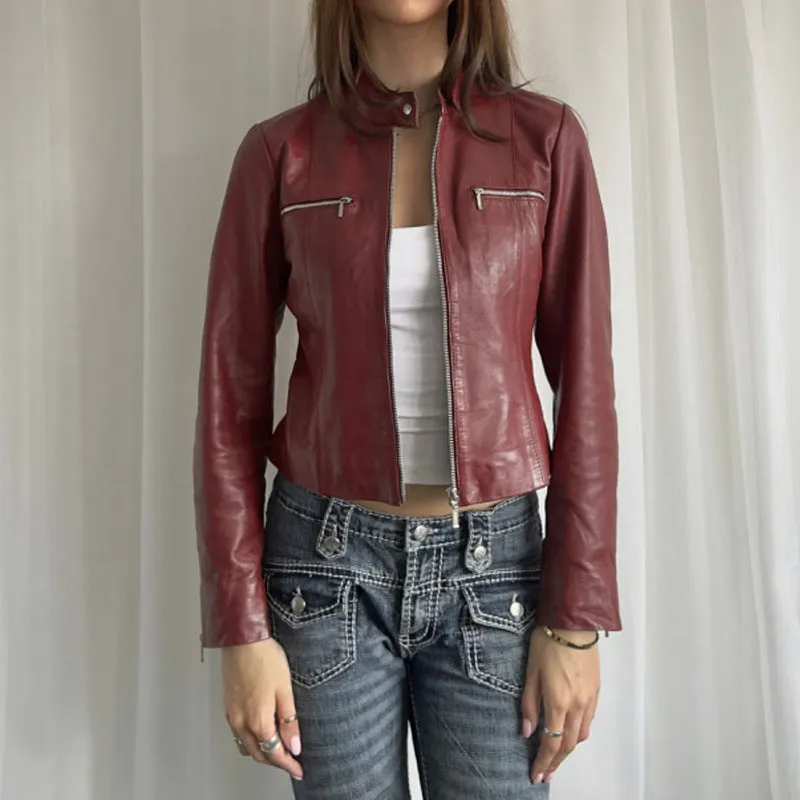 Wjczt 2000s fashion Punk Motorcycle Style Retro Red Leather Jacket New Casual Stand Collar Zipper Leather Coat for Women Autumn