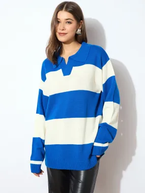 Women Blue And White Polo Neck Sweater