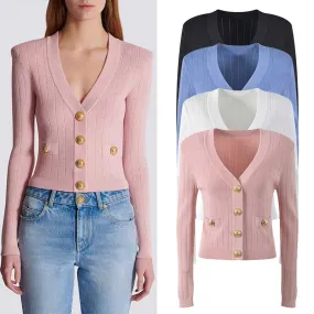 Women Knit Cardigan V-Neckline Cropped Top Long Sleeve Knitted Slim Coat