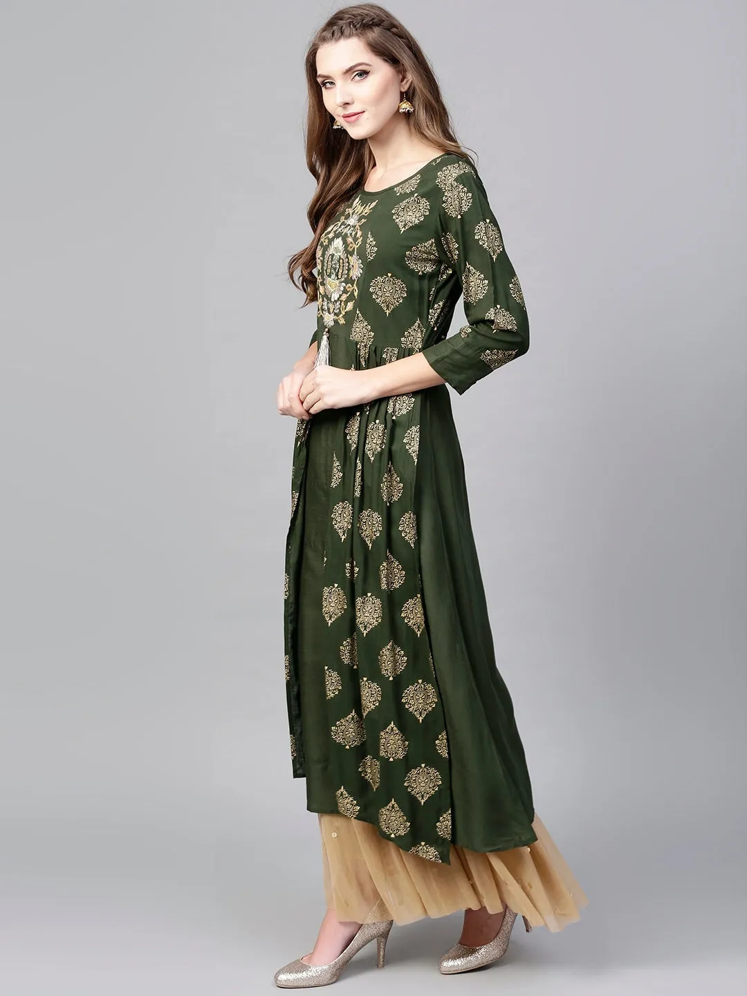 Women Olive Green & Golden A-Line Kurta