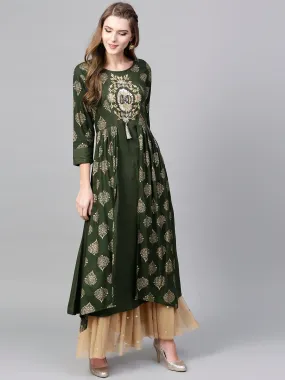 Women Olive Green & Golden A-Line Kurta