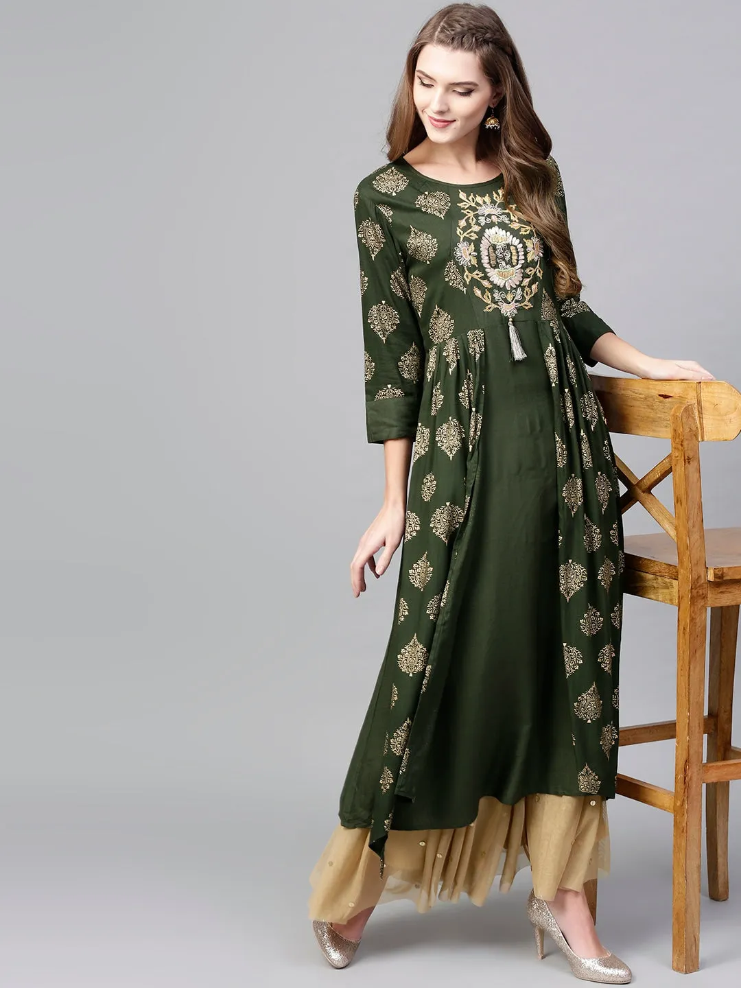 Women Olive Green & Golden A-Line Kurta