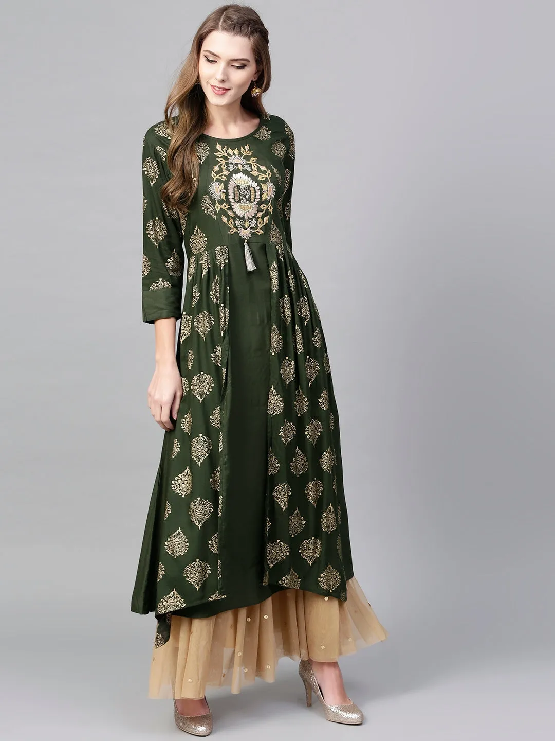 Women Olive Green & Golden A-Line Kurta