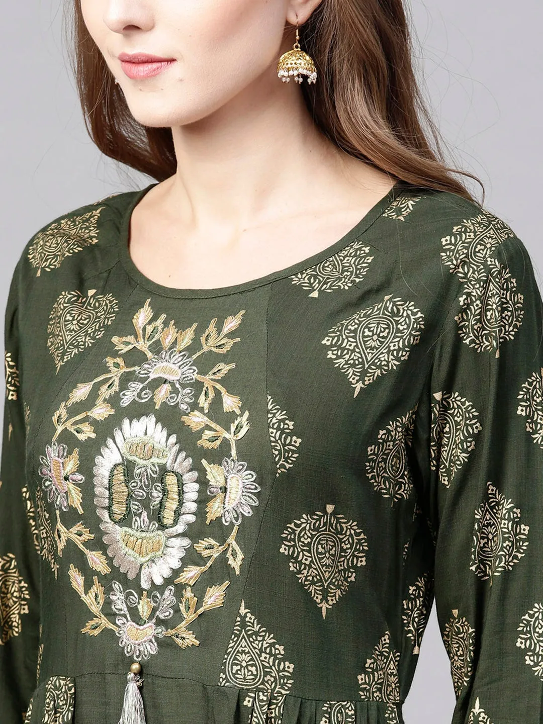 Women Olive Green & Golden A-Line Kurta