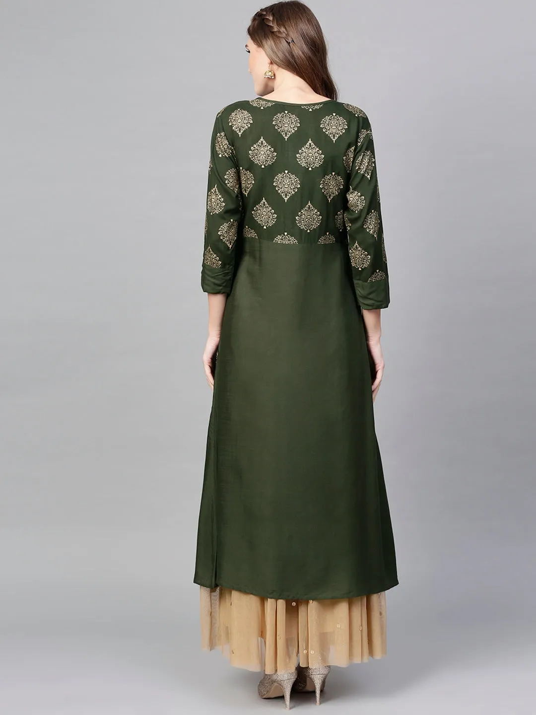 Women Olive Green & Golden A-Line Kurta