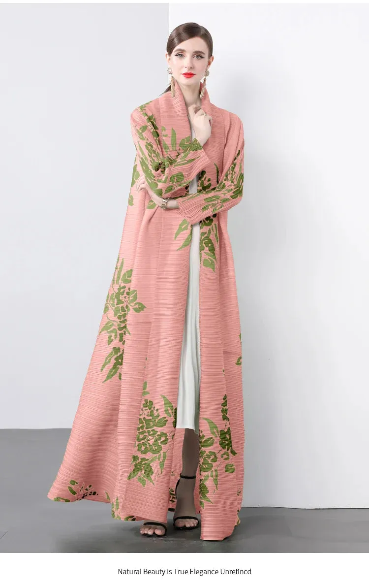 Women's Classy Floral & Leaf Long Pleated Coat