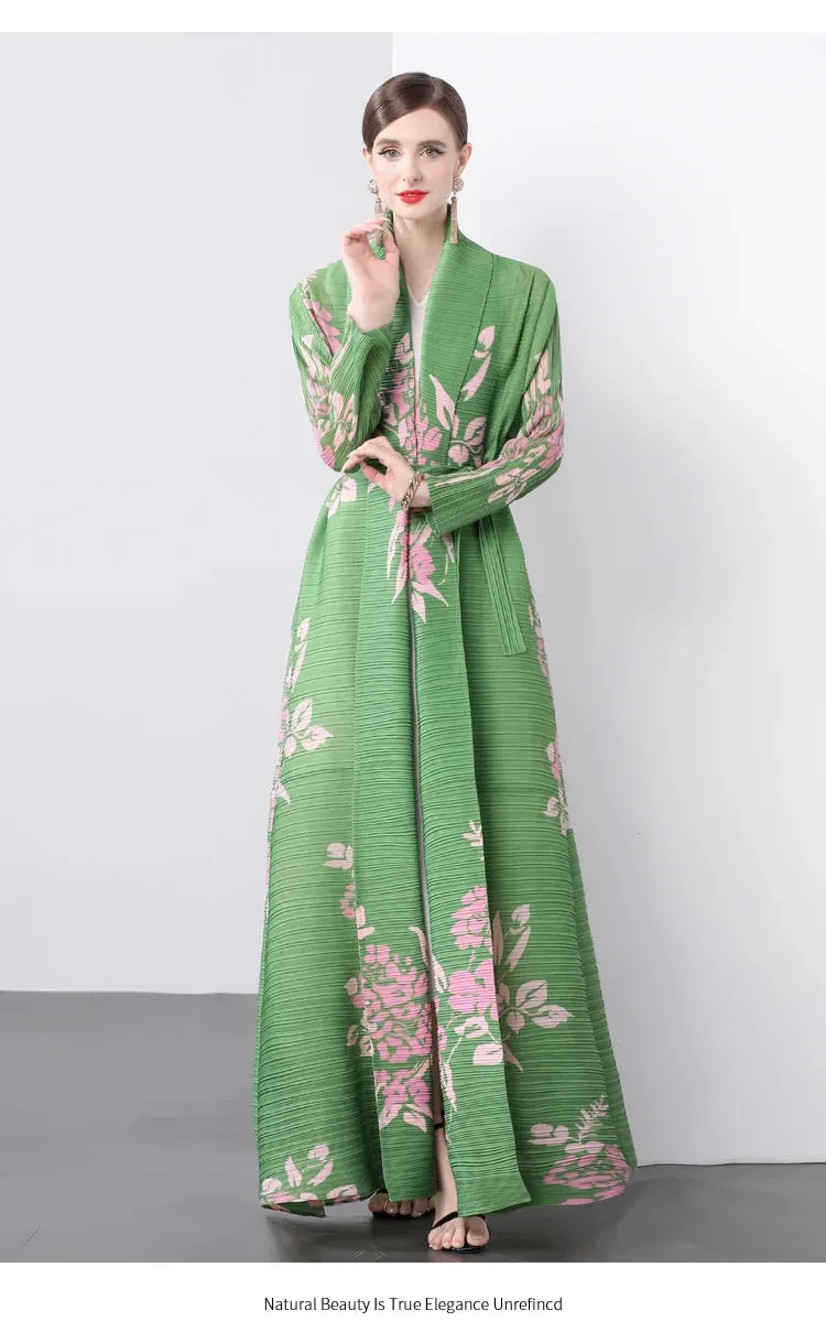 Women's Classy Floral & Leaf Long Pleated Coat