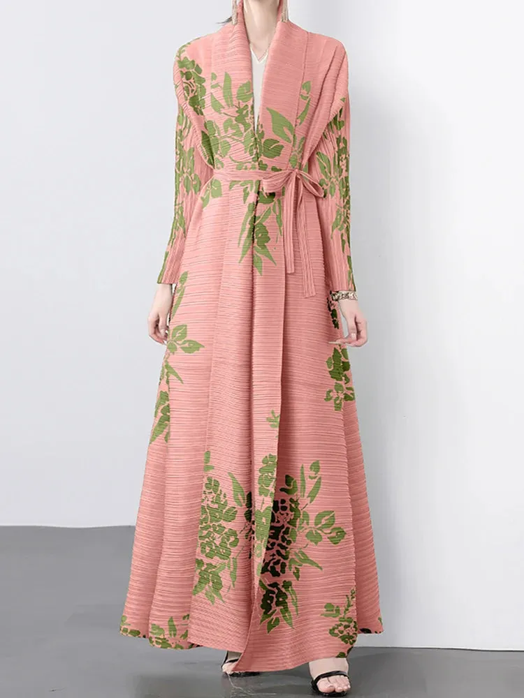 Women's Classy Floral & Leaf Long Pleated Coat