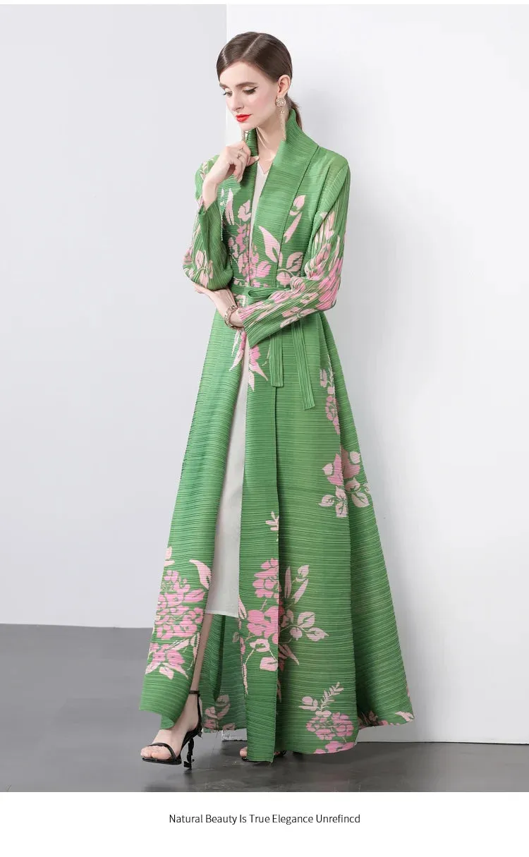 Women's Classy Floral & Leaf Long Pleated Coat