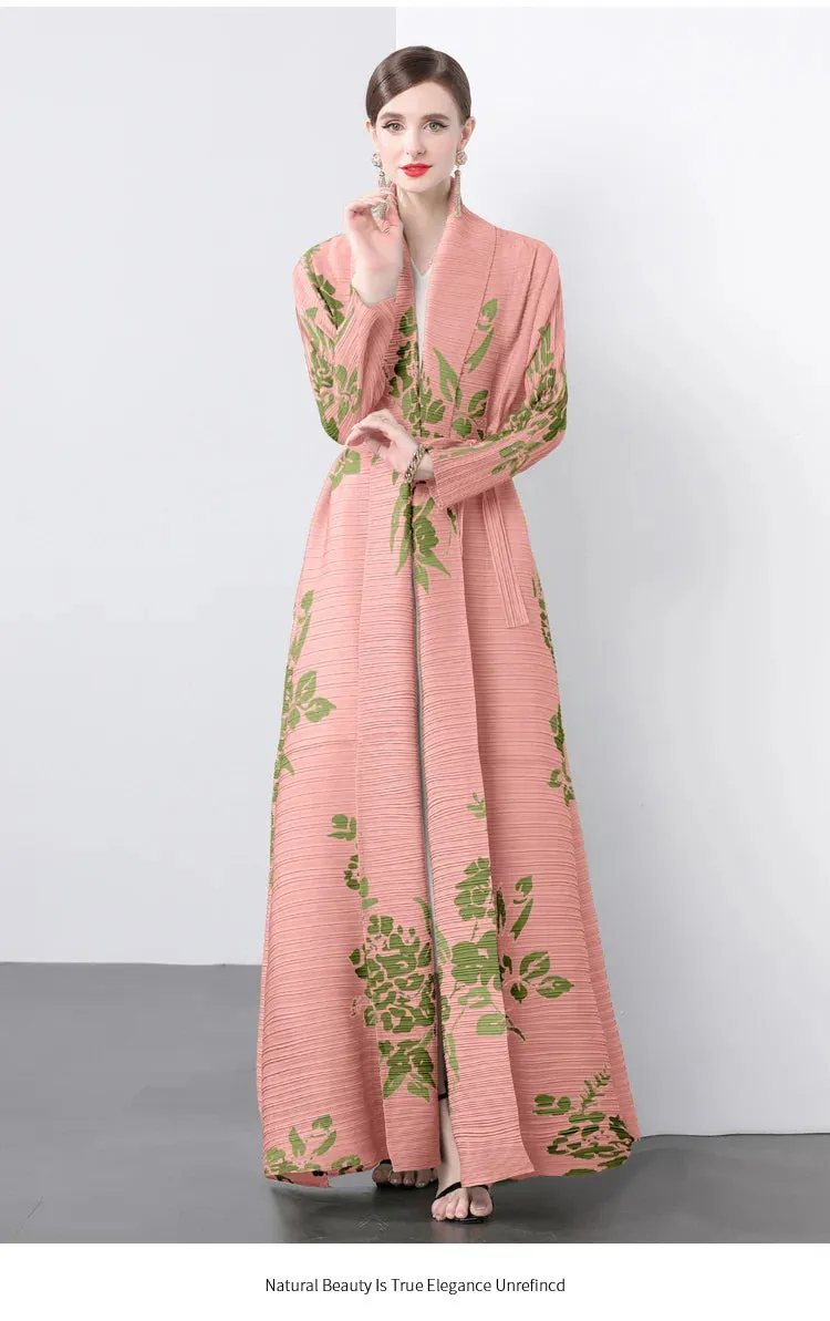 Women's Classy Floral & Leaf Long Pleated Coat