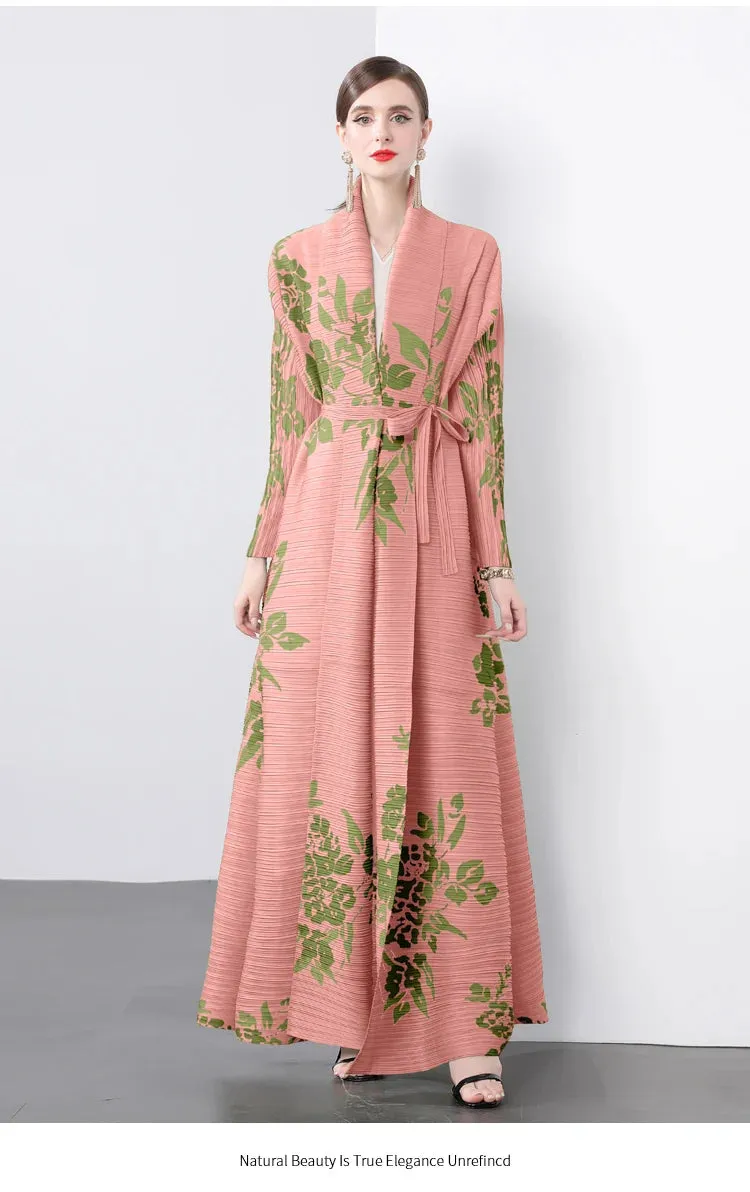 Women's Classy Floral & Leaf Long Pleated Coat