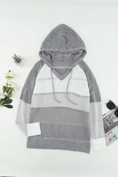 Women's Color Block Drawstring Hoodies Knitted Pullover Sweatshirts