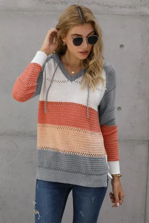 Women's Color Block Drawstring Hoodies Knitted Pullover Sweatshirts