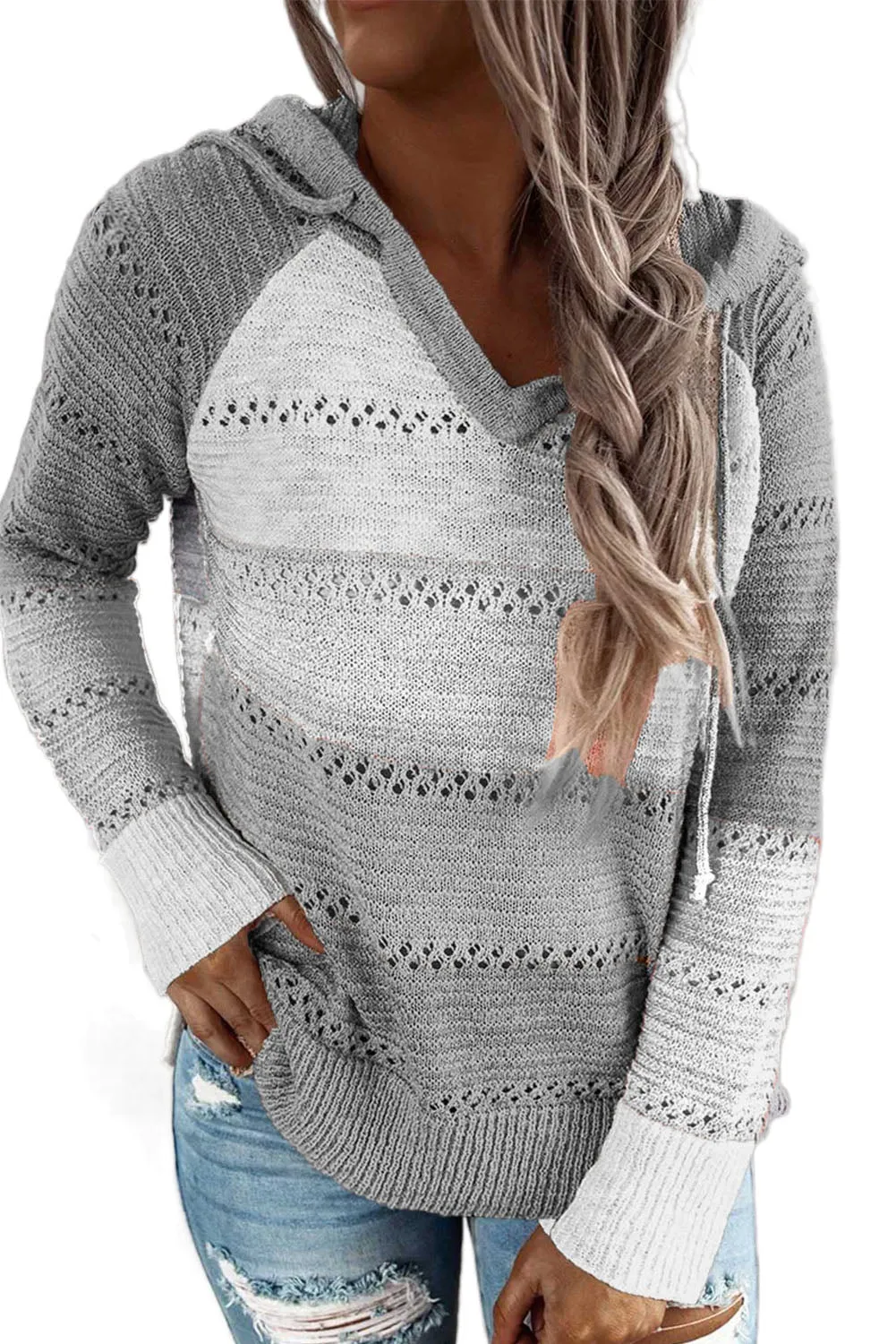 Women's Color Block Drawstring Hoodies Knitted Pullover Sweatshirts