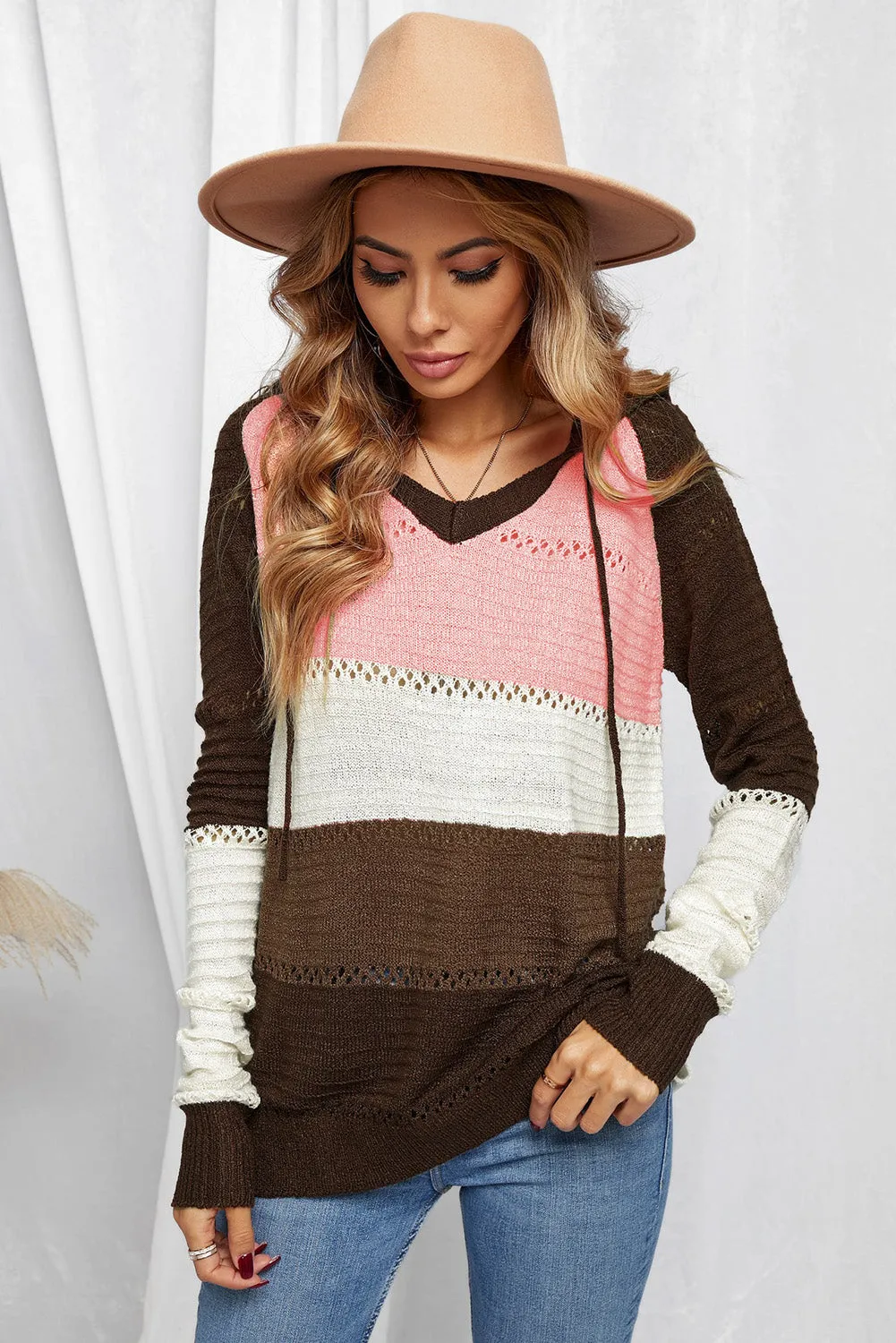 Women's Color Block Drawstring Hoodies Knitted Pullover Sweatshirts